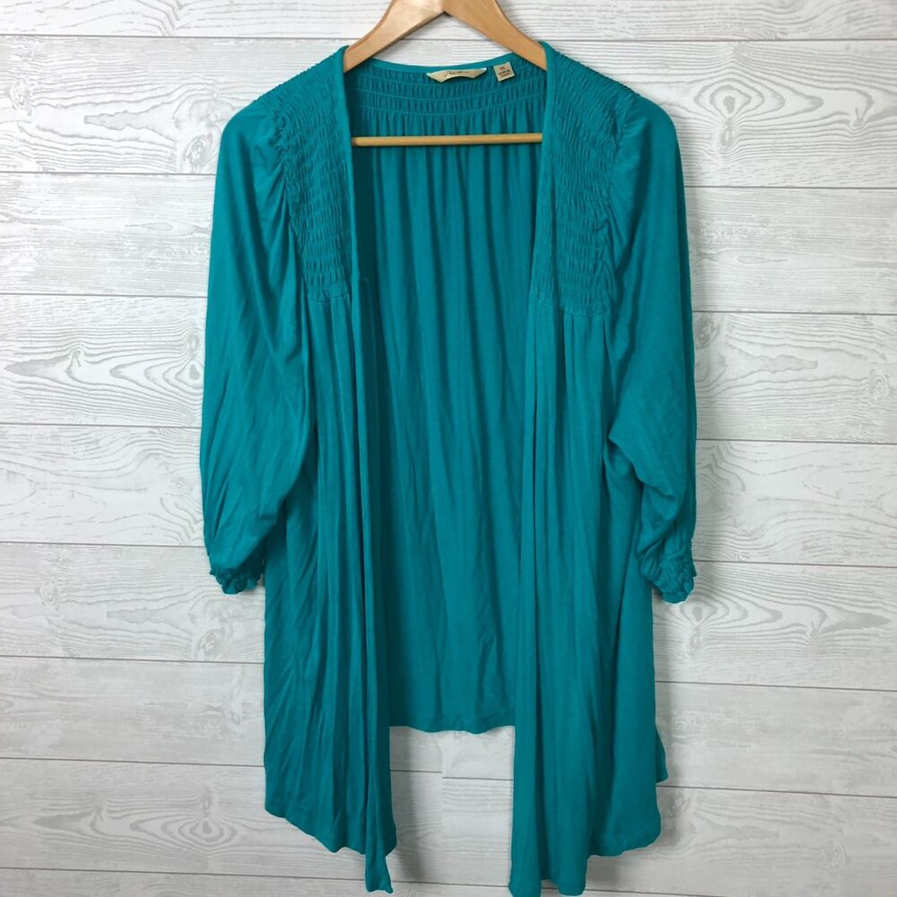 Motto Women's 2X Open Front Cardigan Smocked Detail Teal Green 3/4 Sleeve